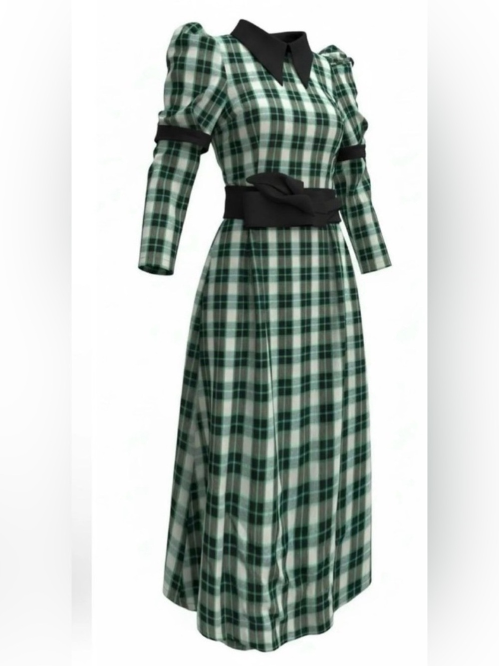 Julia Allert Green Plaid Maxi Dress with Black Trim and Waist Tie